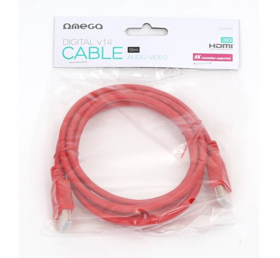 CABLE HDMI NUMERIQUE OMEGA V1.4 - LONGUEUR 1.5M - ROUGE - sachet