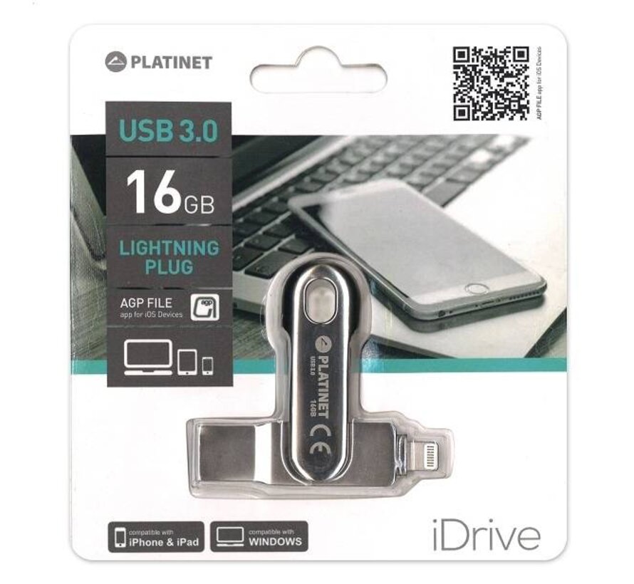 Clé USB 3.0 16Go Platinet + connecteur Lightning (iPhone, iPad)