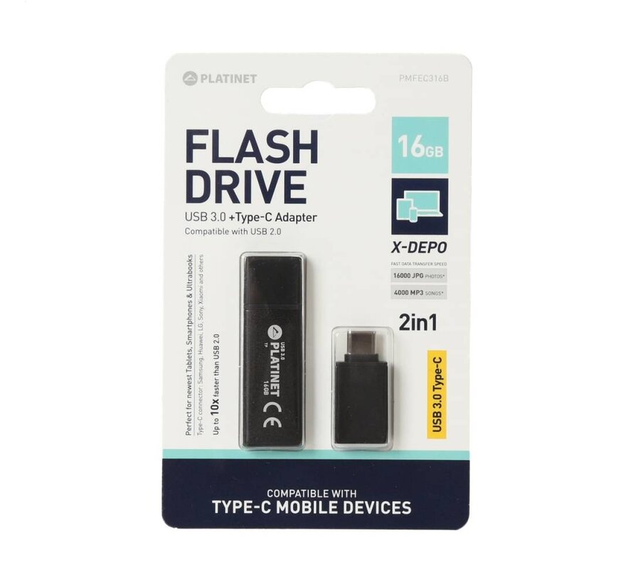 CLE USB 3.0 PLATINET X-Depo 16Go + Adaptateur Type-C - Noir [44241]