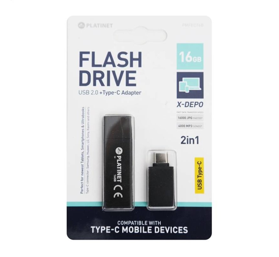 CLE USB PLATINET 2.0 X-Depo 16Go + Adaptateur Type-C NOIR [43989]