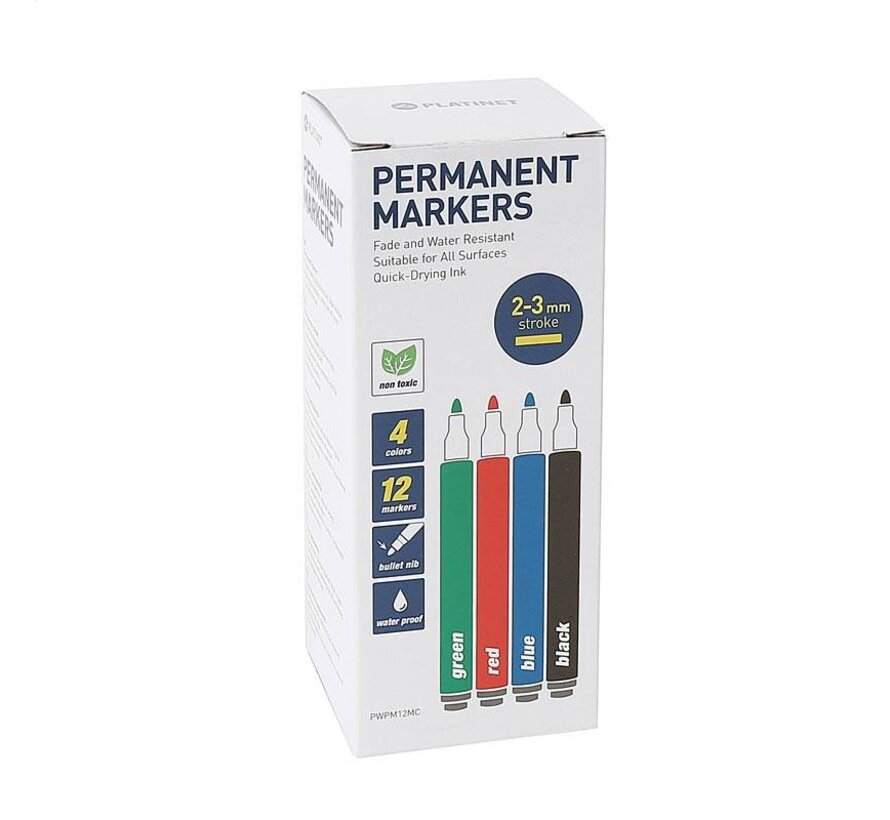 PLATINET PERMANENT MARKERS BLACK / BLUE / RED / GREEN 12 PCS