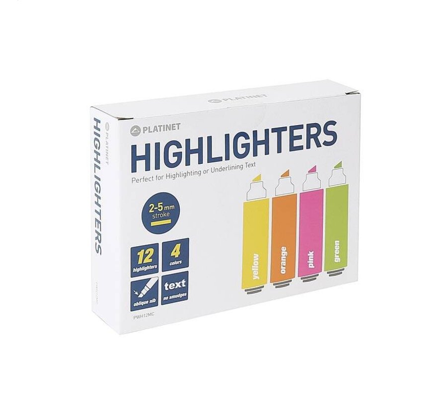 PLATINET HIGHLIGHTERS YELLOW / ORANGE / PINK / GREEN  12 PCS