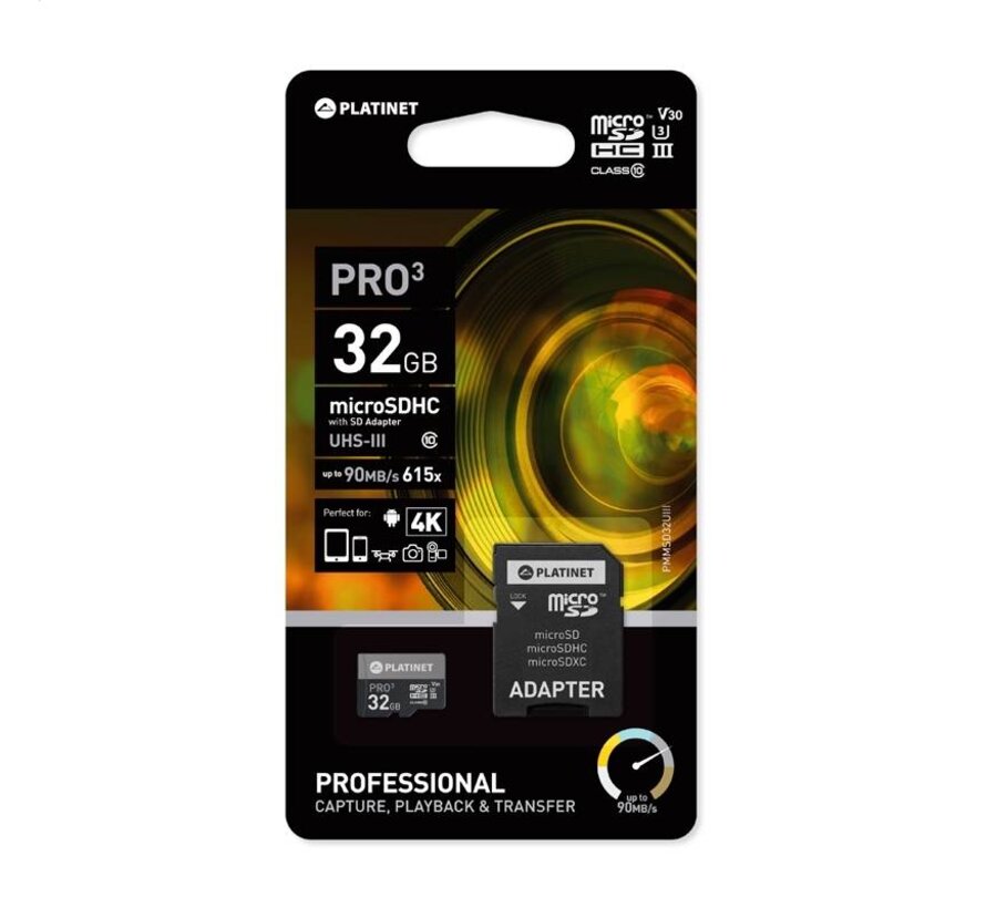 PLATINET microSDHC  SECURE DIGITAL + ADAPTER SD 32GB class10 UIII 90MB/s [44003]