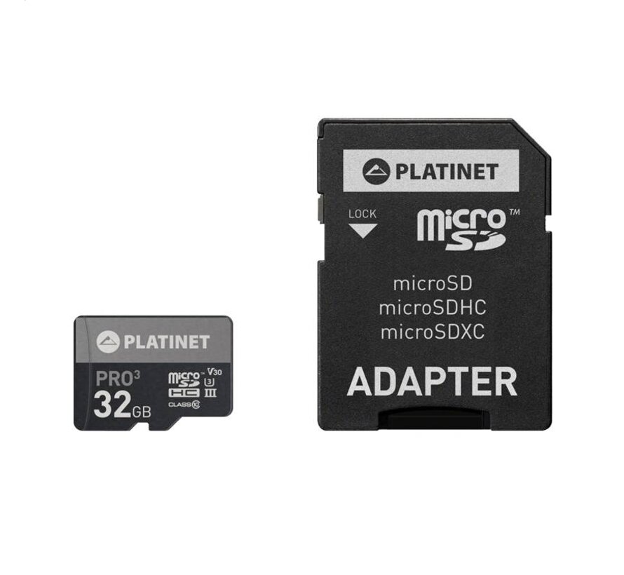 Carte microSDHC Platinet + Adaptateur SD 32Go class10 UIII 90Mo/s [44003]
