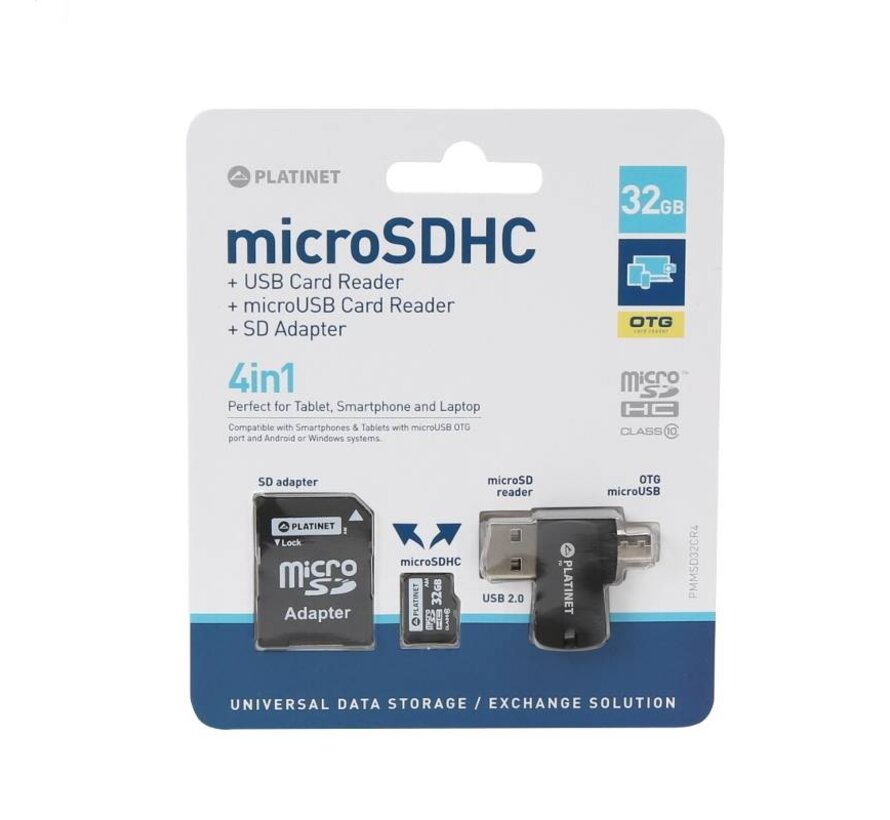 Ensemble PLATINET 4-en-1 microSD 32 Go + Lecteur de carte SD + Adaptateur USB/microUSB [42225]