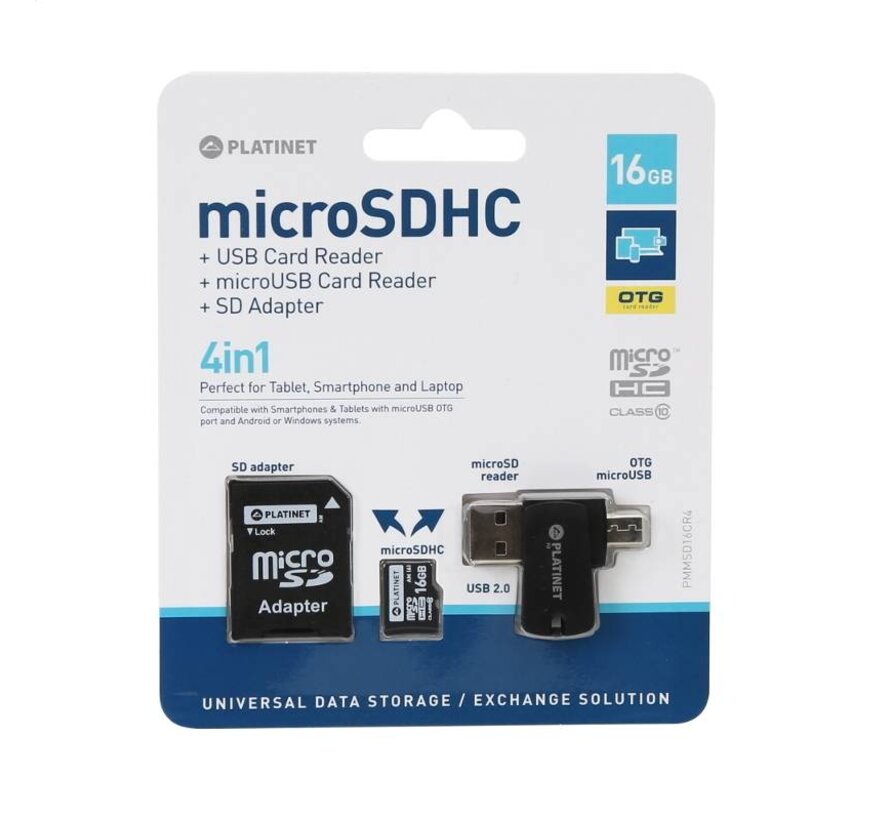 PLATINET 4-in-1 microSD 16 GB + CARD READER + OTG + ADAPTER