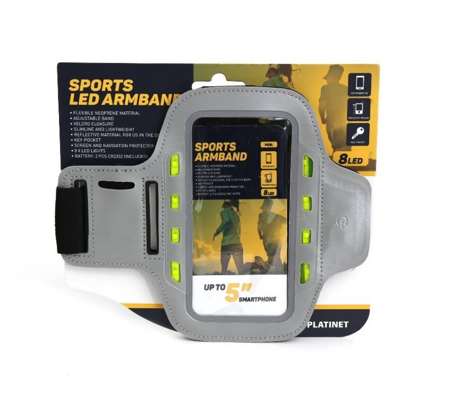 PLATINET SPORT ARMBAND FOR SMARTPHONE GREY WITH LED