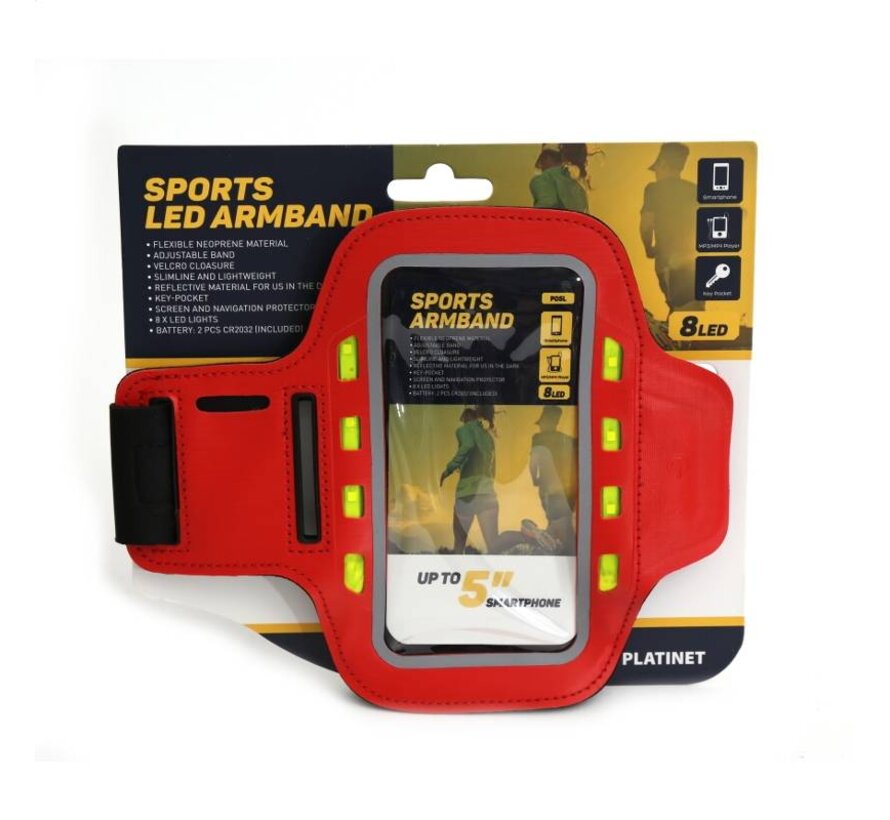 PLATINET SPORT ARMBAND FÜR SMARTPHONES ROT MIT LED