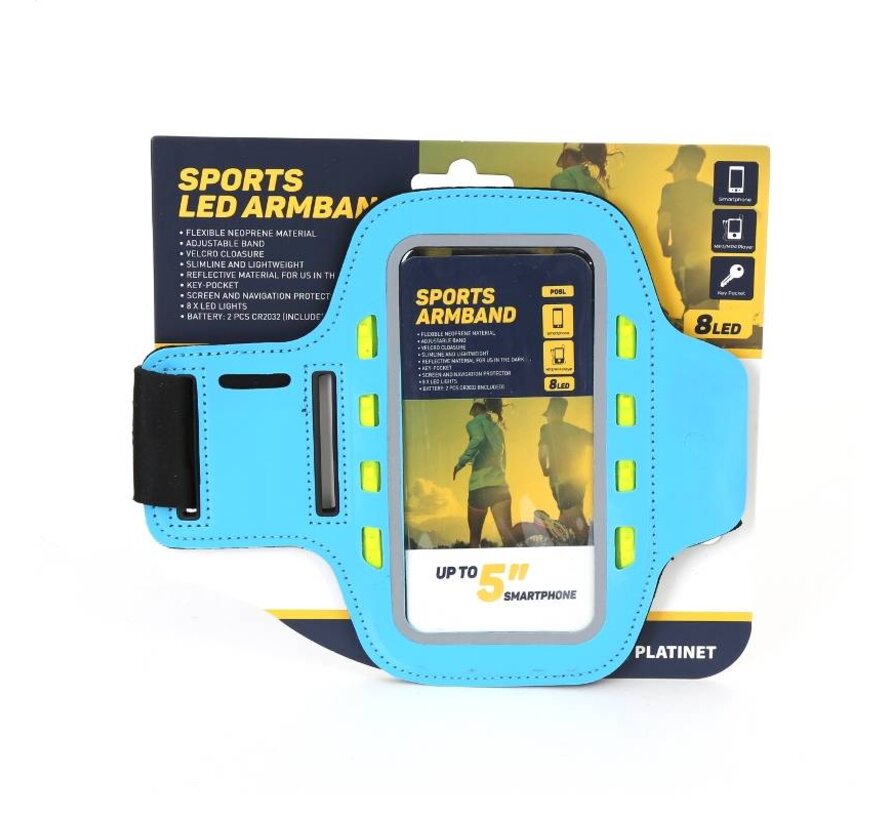 PLATINET SPORT ARMBAND FOR SMARTPHONE BLUE WITH LED