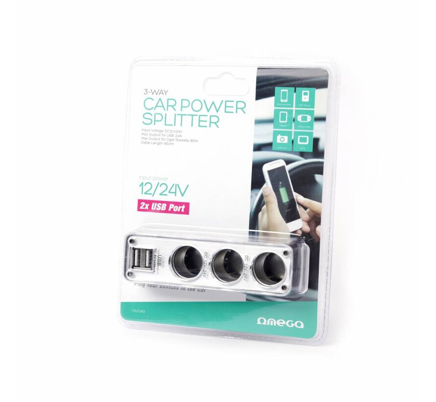 OMEGA TRIPLE CIGAR SOCKET CABLE OUC912 + 2x USB port 2.4A [44687]