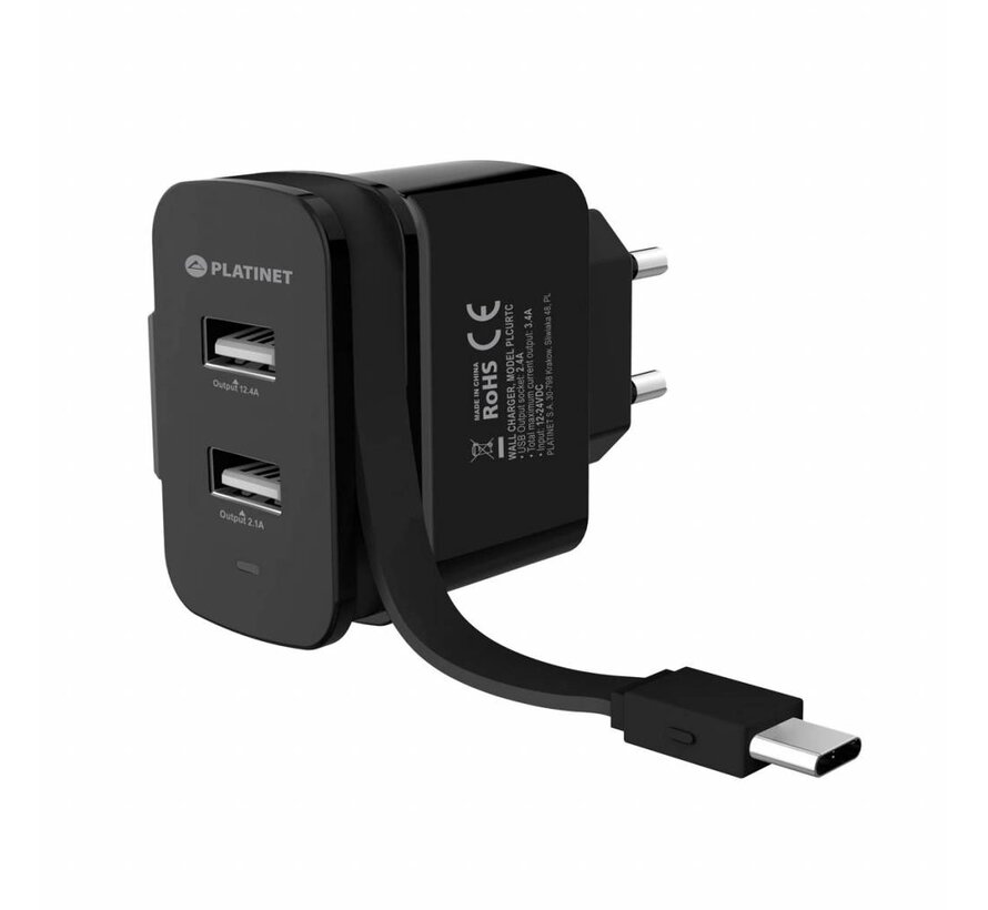 PLATINET WALL CHARGER 2xUSB + ROLLING CABLE Type-C 3.4A [44654]