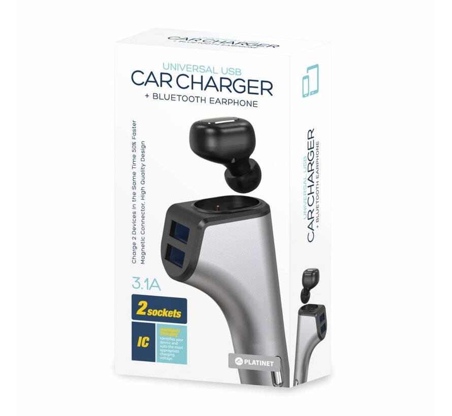 PLATINET DUOS: CAR CHARGER 2xUSB 3,1 A WITH BLUETOOTH EARPHONE