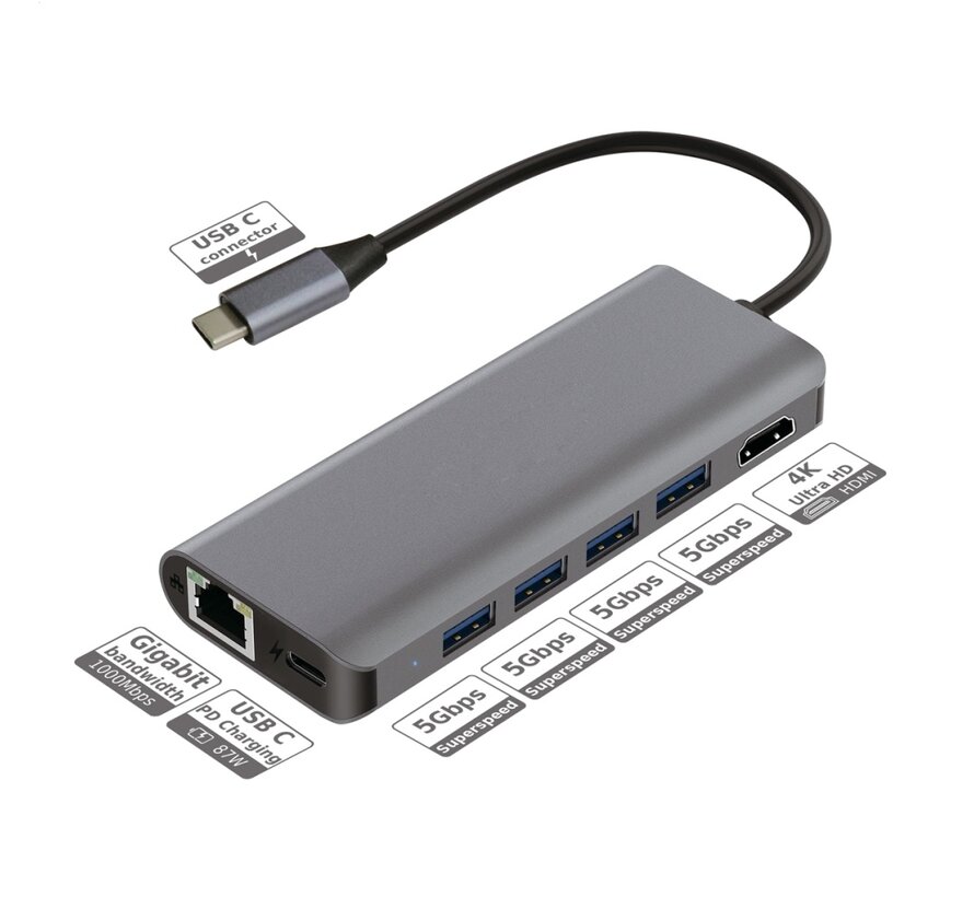 PLATINET MULTIMEDIA ADAPTER Type-C 7IN1 HDMI 4Kx30Hz RJ45 3x USB 3.0 TYPE-C