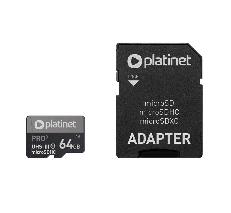 Carte microSDXC PLATINET + Adaptateur SD 64Go class10 UIII 90Mo/s [43999]