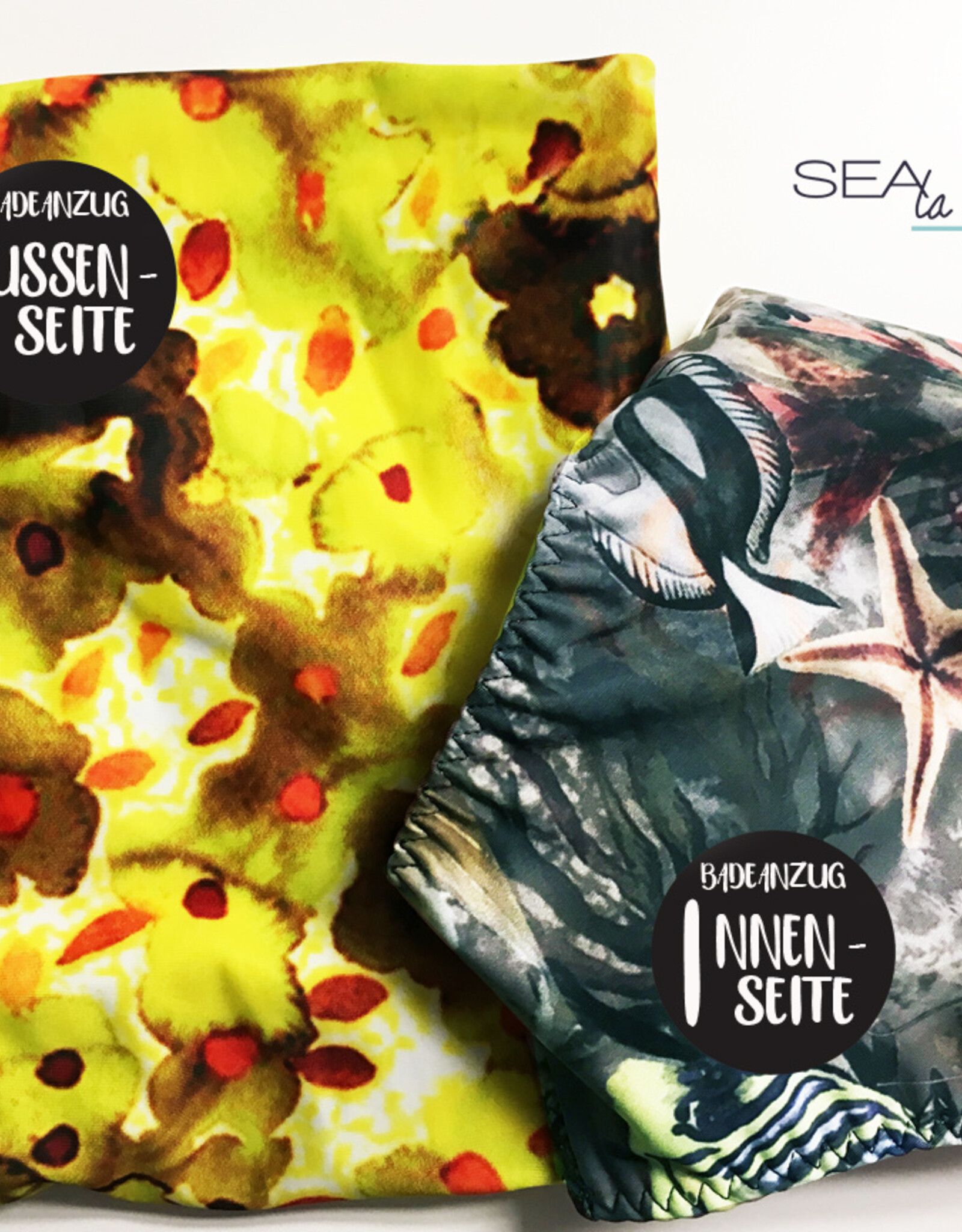 Badeanzug mit offenem Rücken  -  wendbar  -  Muster lemon flowers & sea fishes