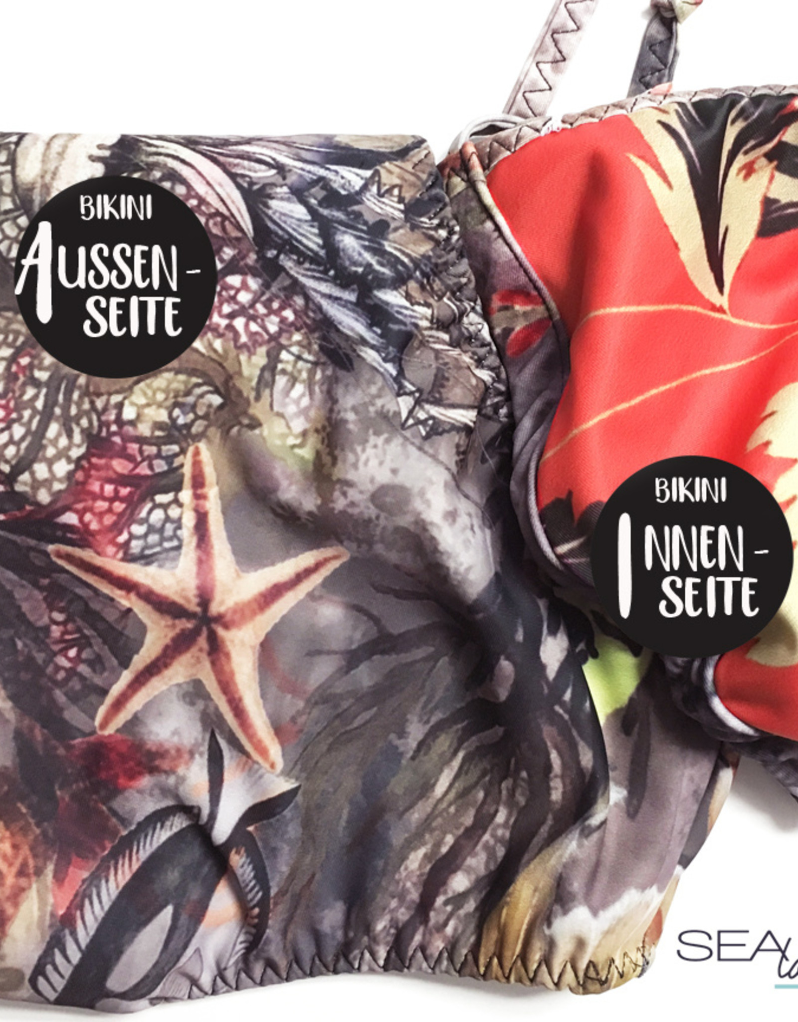 BIKINI TOP TRIANGLE + HOSE HIPSTER  -   Muster Sea fishes  &  Orange flower