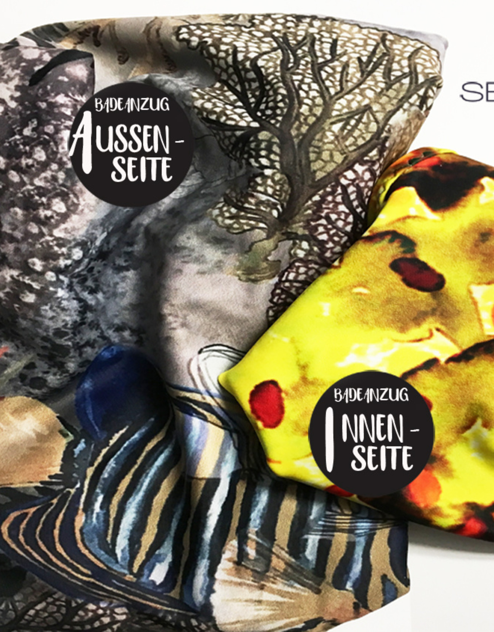 Badeanzug mit offenem Rücken, wendbar, Muster Sea fishes &  Lemon garden flowers