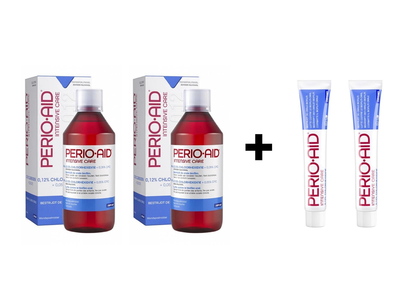 2x Perio-Aid Intensive Care Mondspoelmiddel 0,12% + 2x Perio Aid Tandpasta