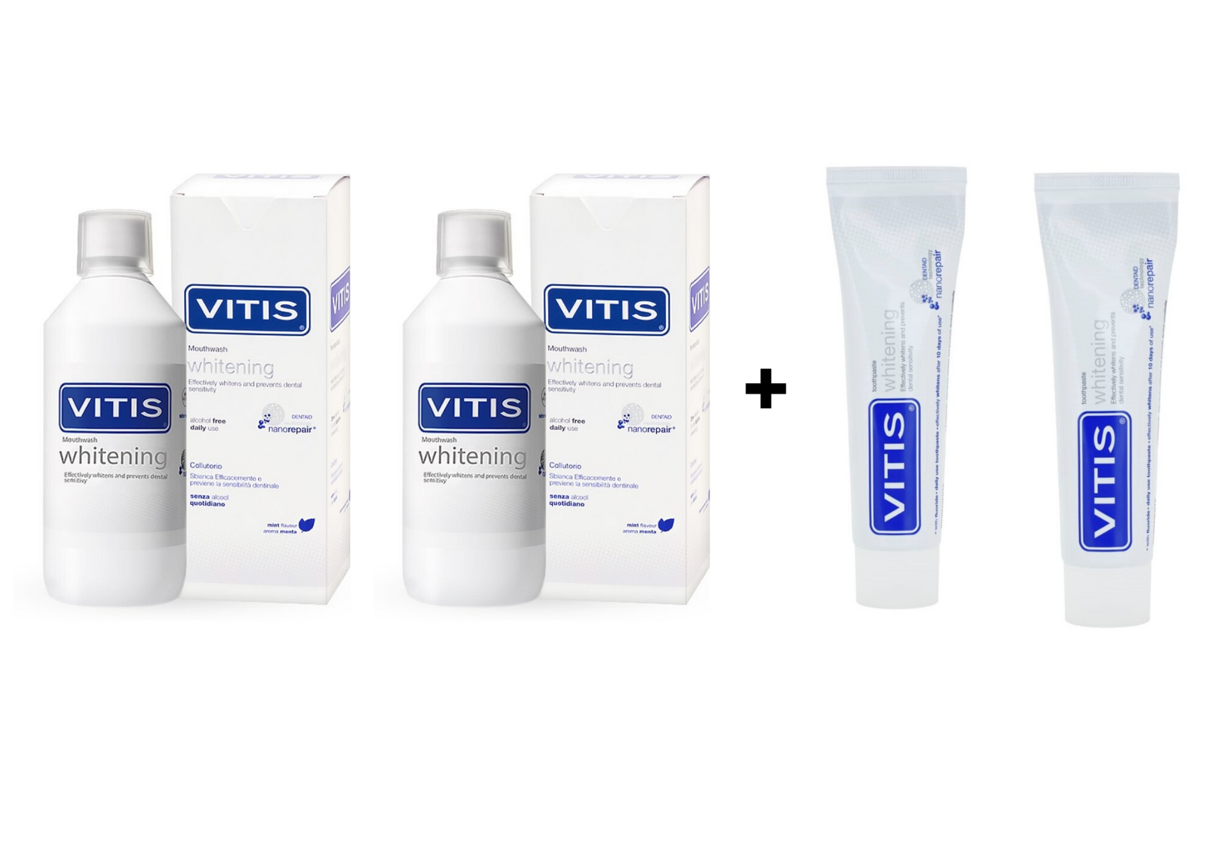 2x Vitis Whitening Mondspoelmiddel + 2x Vitis Whitening Tandpasta
