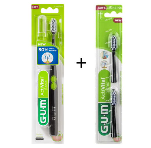 1x GUM Activital Sonic Elektrische Tandenborstel - Zwart + 1x GUM Opzetborstels Zwart