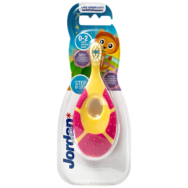 Jordan Step By Step 1 - 4x Tandenborstel (0-2 jaar) Kleur Roze/Geel met 2x Jordan Tandpasta 0-5 jaar