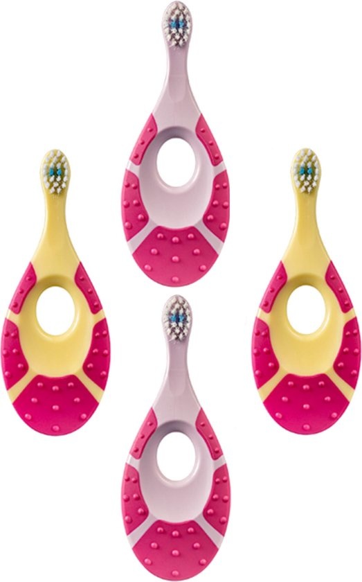 Jordan Step By Step 1 - 4x Tandenborstel (0-2 jaar) Kleur Roze/Geel met 2x Jordan Tandpasta 0-5 jaar