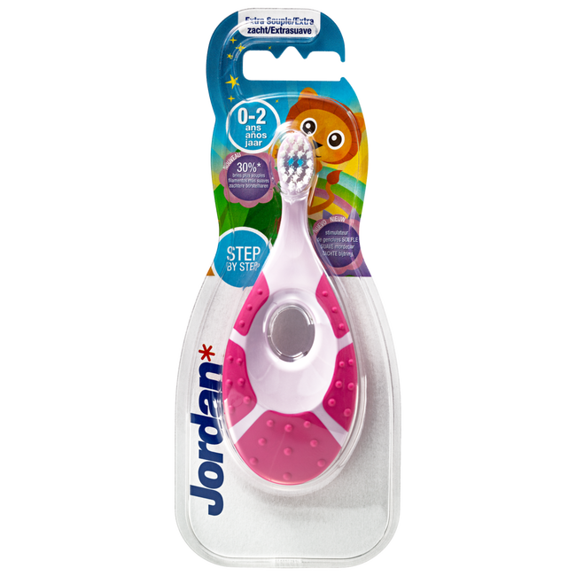 Jordan Step By Step 1 - 4x Tandenborstel (0-2 jaar) Kleur Roze/Geel met 2x Jordan Tandpasta 0-5 jaar