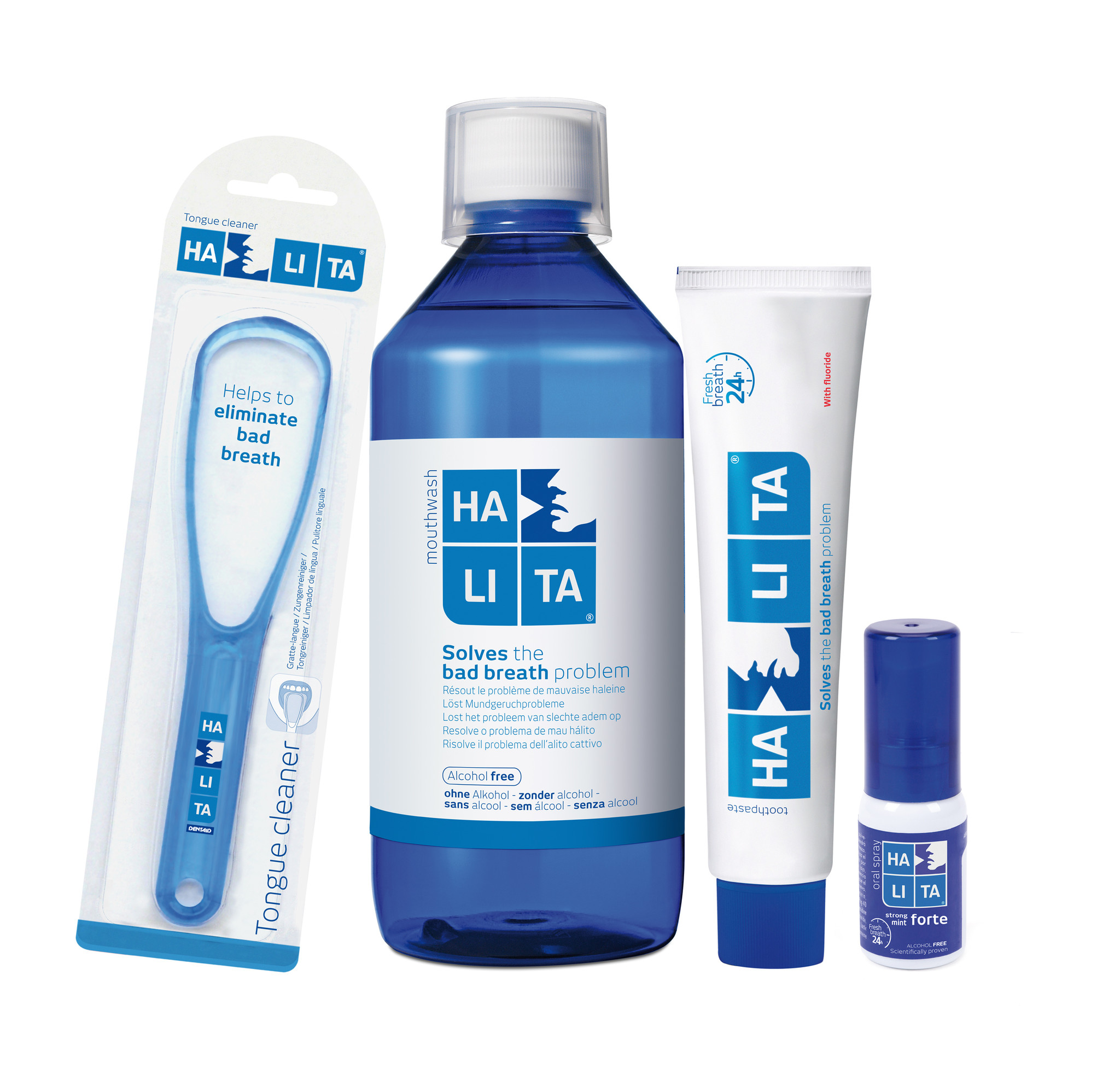 Halita - slechte adem pakket: tongreiniger, tandpasta en mondspray.