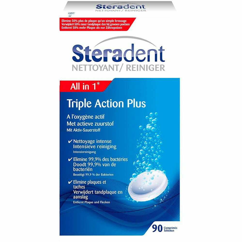 Steradent Kunstgebit Reiniger - Triple Action Plus - 90 stuks x3