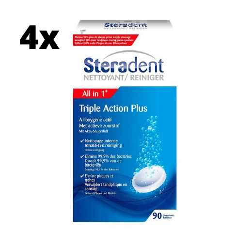 Steradent Kunstgebit Reiniger - Triple Action Plus - 4 x 90 stuks - Voordeelverpakking