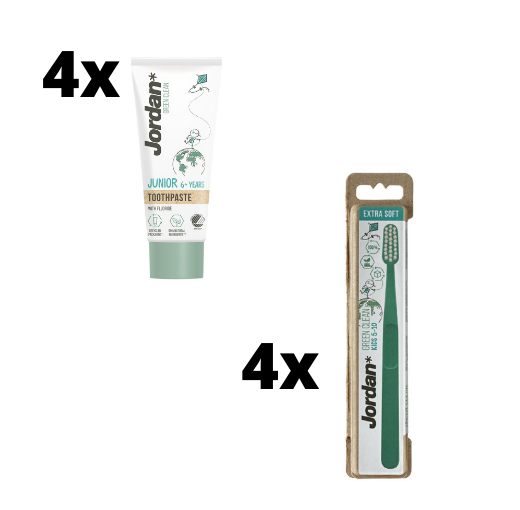 Jordan Green Clean Junior Voordeelpakket - 4x Tandpasta + 4x Tandenborstel Kids Extra Soft