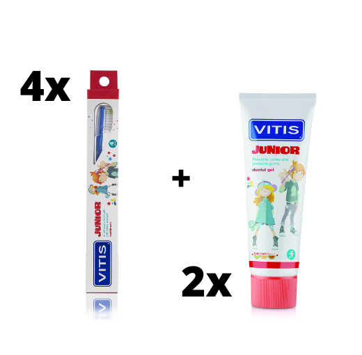 Vitis Junior Voordeelpakket - 2x tandpasta + 4x tandenborstel