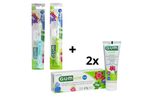 GUM Kids 2-6 jaar Voordeelpakket - 2x Tandpasta 50 ml + 2x Tandenborstel (groen/blauw)