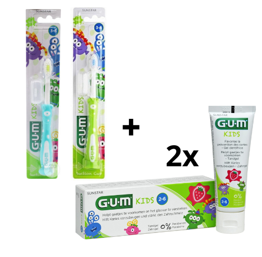 GUM Kids 2-6 jaar Voordeelpakket - 2x Tandpasta 50 ml + 2x Tandenborstel (groen/blauw)
