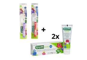 GUM Kids 2-6 jaar Voordeelpakket - 2x Tandpasta 50 ml + 2x Tandenborstel (rood/paars)