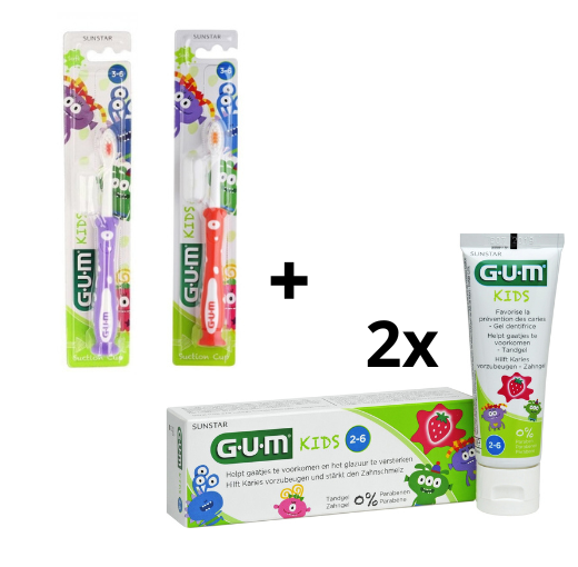 GUM Kids 2-6 jaar Voordeelpakket - 2x Tandpasta 50 ml + 2x Tandenborstel (rood/paars)