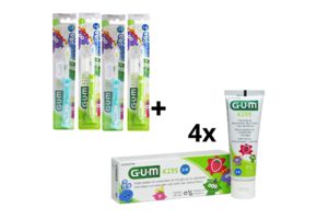 GUM Kids 2-6 jaar Voordeelpakket - 4x Tandpasta 50 ml + 4x Tandenborstel (groen/blauw)