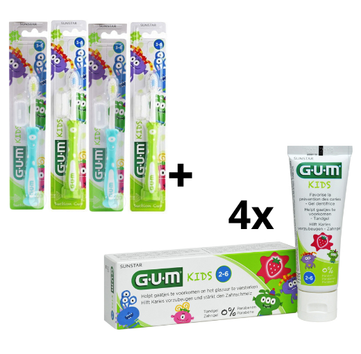 GUM Kids 3-6 jaar Voordeelpakket - 4x Tandpasta 50 ml + 4x Tandenborstel (groen/blauw)