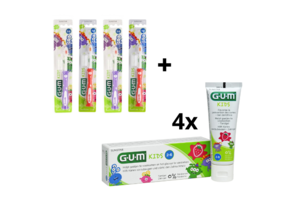 GUM Kids 2-6 jaar Voordeelpakket - 4x Tandpasta 50 ml + 4x Tandenborstel (rood/paars)