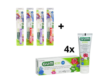 GUM Kids 2-6 jaar Voordeelpakket - 4x Tandpasta 50 ml + 4x Tandenborstel (rood/paars)