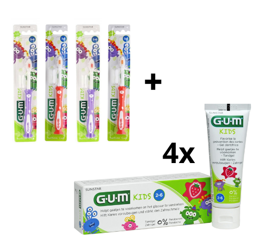 GUM Kids 2-6 jaar Voordeelpakket - 4x Tandpasta 50 ml + 4x Tandenborstel (rood/paars)