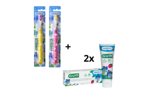 GUM Junior 6+ Voordeelpakket - 2x Tandpasta 50 ml + 2x Tandenborstel (geel/roze)