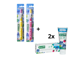 GUM Junior 6+ Voordeelpakket - 2x Tandpasta 50 ml + 2x Tandenborstel (geel/roze)