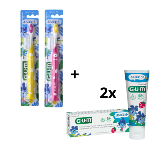 GUM Junior 6+ Voordeelpakket - 2x Tandpasta 50 ml + 2x Tandenborstel (geel/roze)