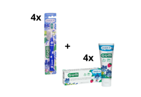 GUM Junior 6+ Voordeelpakket - 4x Tandpasta 50 ml + 4x Tandenborstel (blauw)