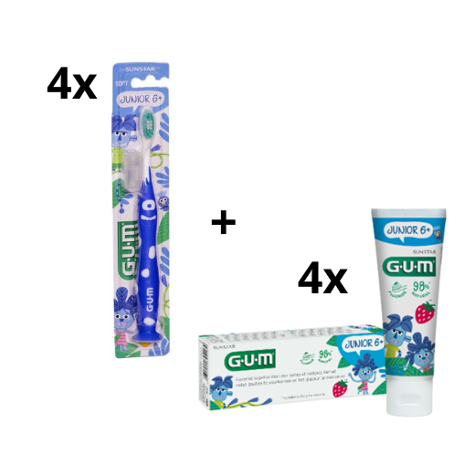 GUM Junior 6+ Voordeelpakket - 4x Tandpasta 50 ml + 4x Tandenborstel (blauw)