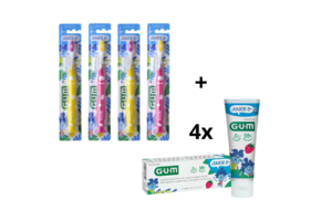 GUM Junior 6+ Voordeelpakket - 4x Tandpasta 50 ml + 4x Tandenborstel (roze/geel)