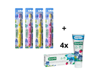 GUM Junior 6+ Voordeelpakket - 4x Tandpasta 50 ml + 4x Tandenborstel (roze/geel)