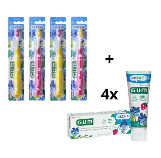 GUM Junior 6+ Voordeelpakket - 4x Tandpasta 50 ml + 4x Tandenborstel (roze/geel)