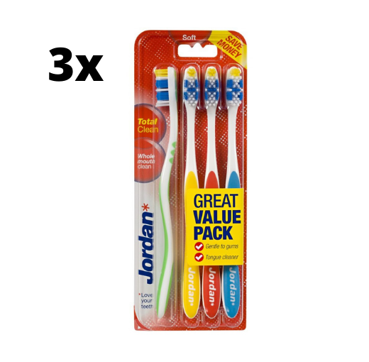 Jordan - Total Clean Tandenborstels Soft - 4 stuks - Voordeelverpakking 3 stuks